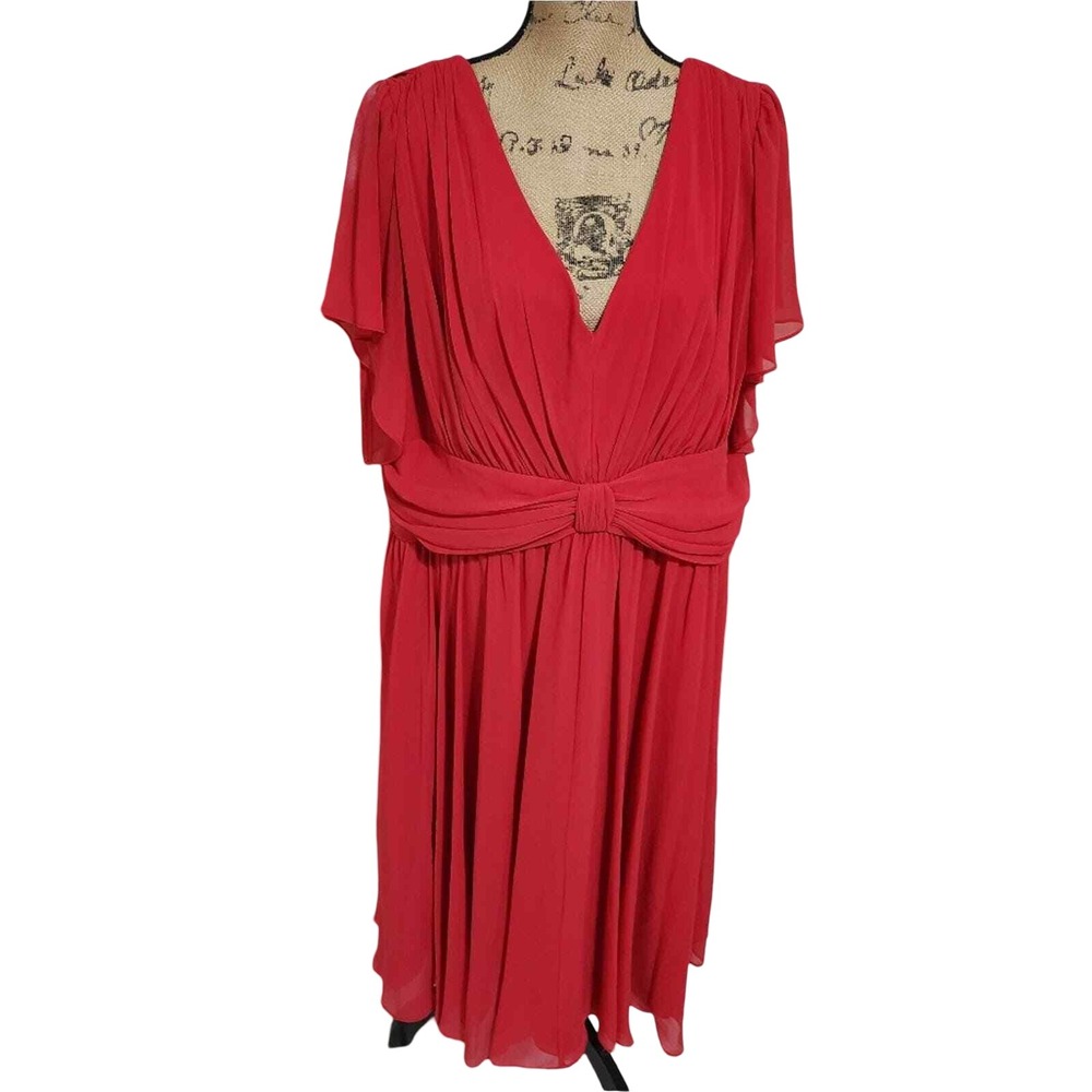 Ivy & Blu Maggy Boutique‎ Tomato Red Pleated V-Neck Flutter Sleeve Dress 16W NEW